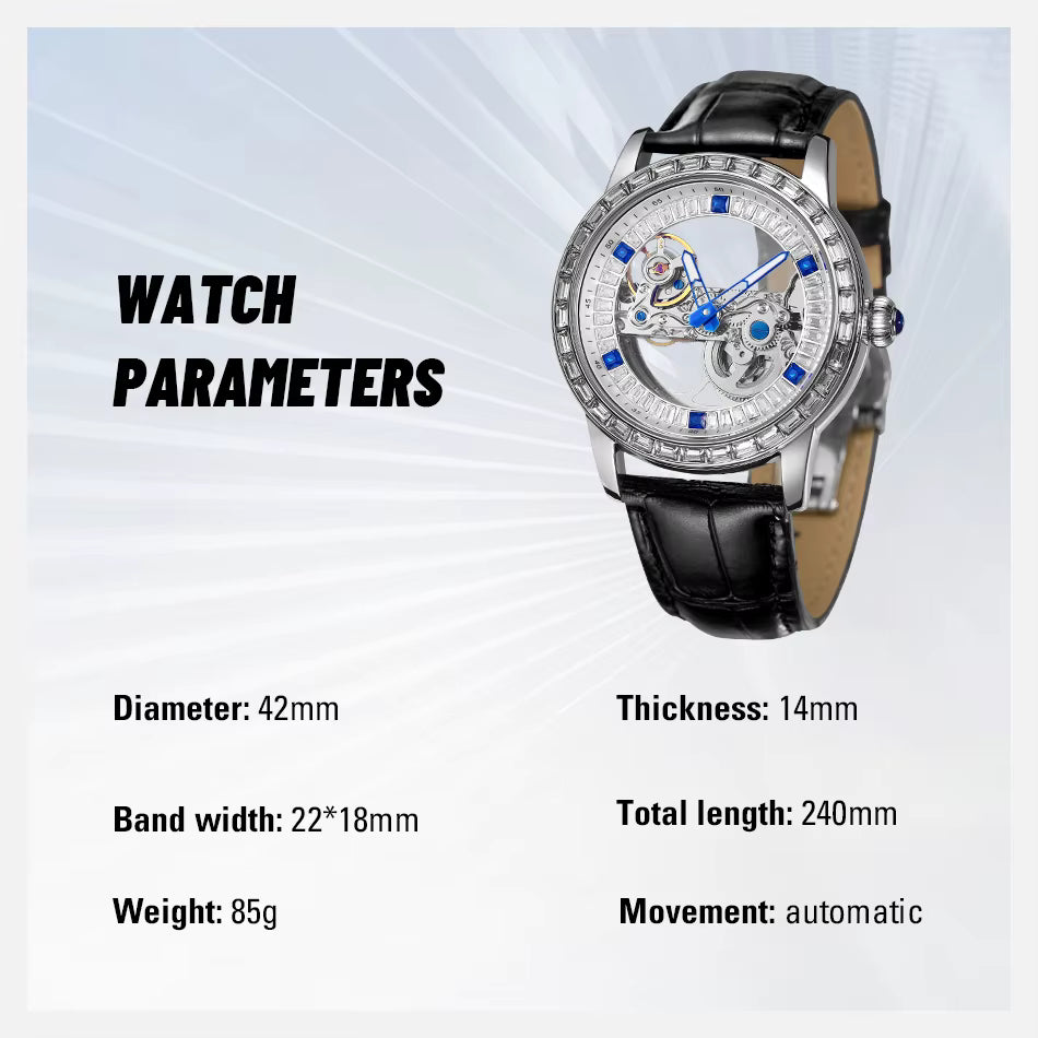 Luxury Brand Sport Watch Men Leather Strap Transparent  Automatic Mechanical Watches 2 YEAR GURANTEE