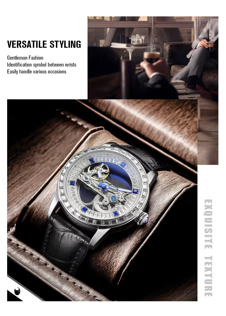 Luxury Brand Sport Watch Men Leather Strap Transparent  Automatic Mechanical Watches 2 YEAR GURANTEE