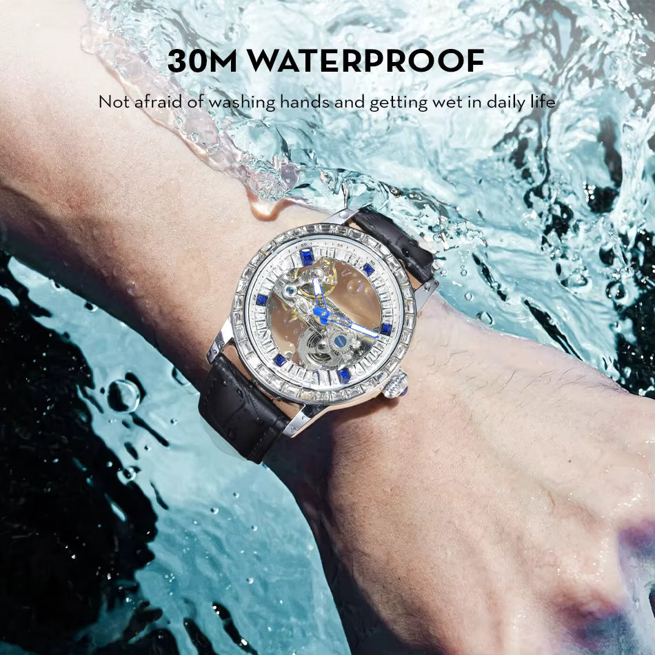 Luxury Brand Sport Watch Men Leather Strap Transparent  Automatic Mechanical Watches 2 YEAR GURANTEE