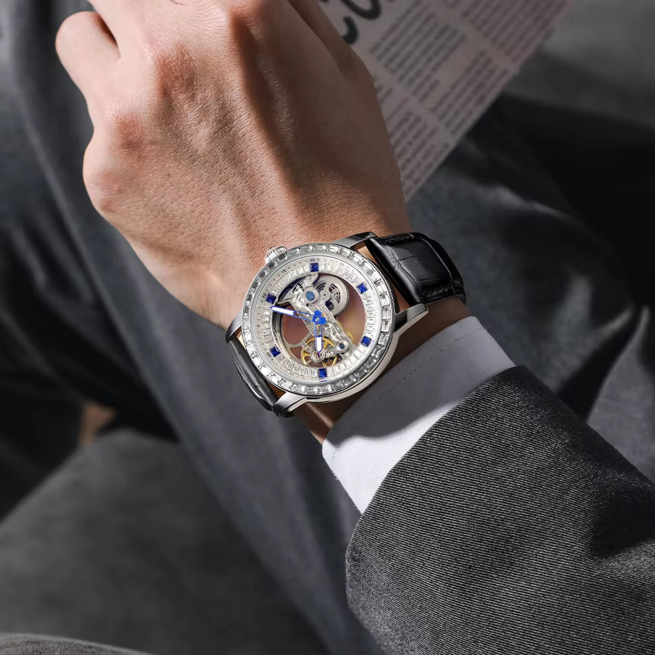 Luxury Brand Sport Watch Men Leather Strap Transparent  Automatic Mechanical Watches 2 YEAR GURANTEE
