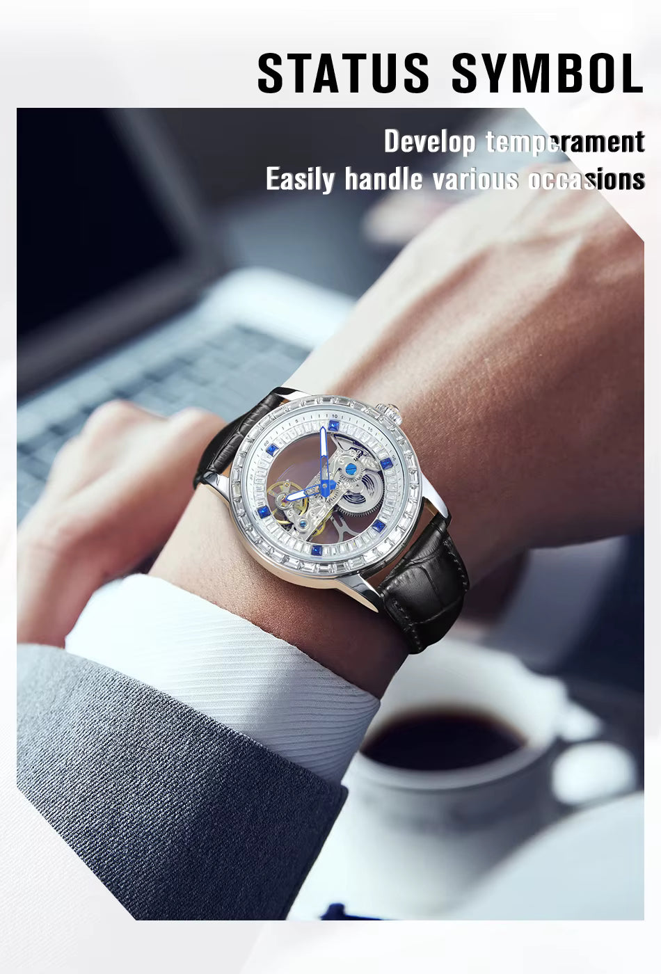 Luxury Brand Sport Watch Men Leather Strap Transparent  Automatic Mechanical Watches 2 YEAR GURANTEE