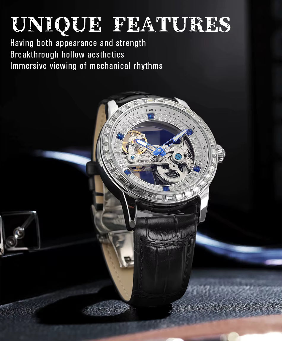 Luxury Brand Sport Watch Men Leather Strap Transparent  Automatic Mechanical Watches 2 YEAR GURANTEE